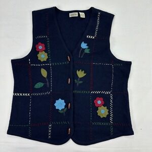 Classic‎ Elements Wool Plaid Floral Embroidered Vest Women's XL Button Front